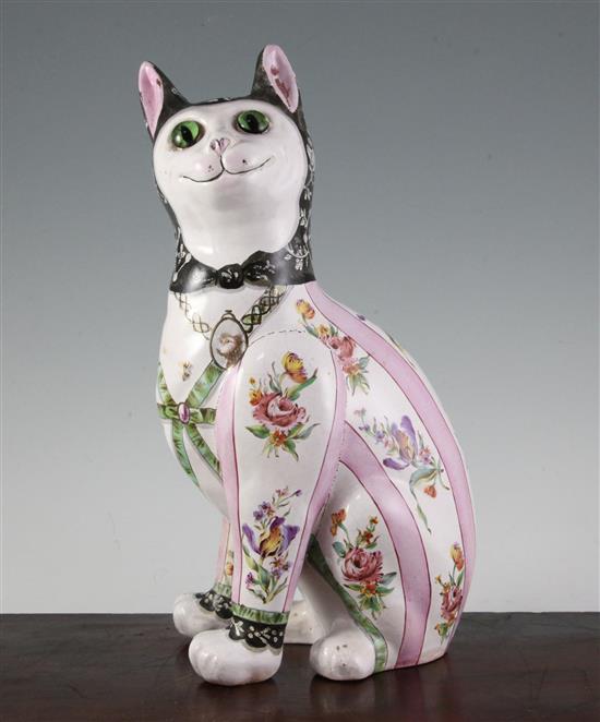 A Galle faience model of a seated cat, late 19th century, height 34cm (13.4in.), one leg restored